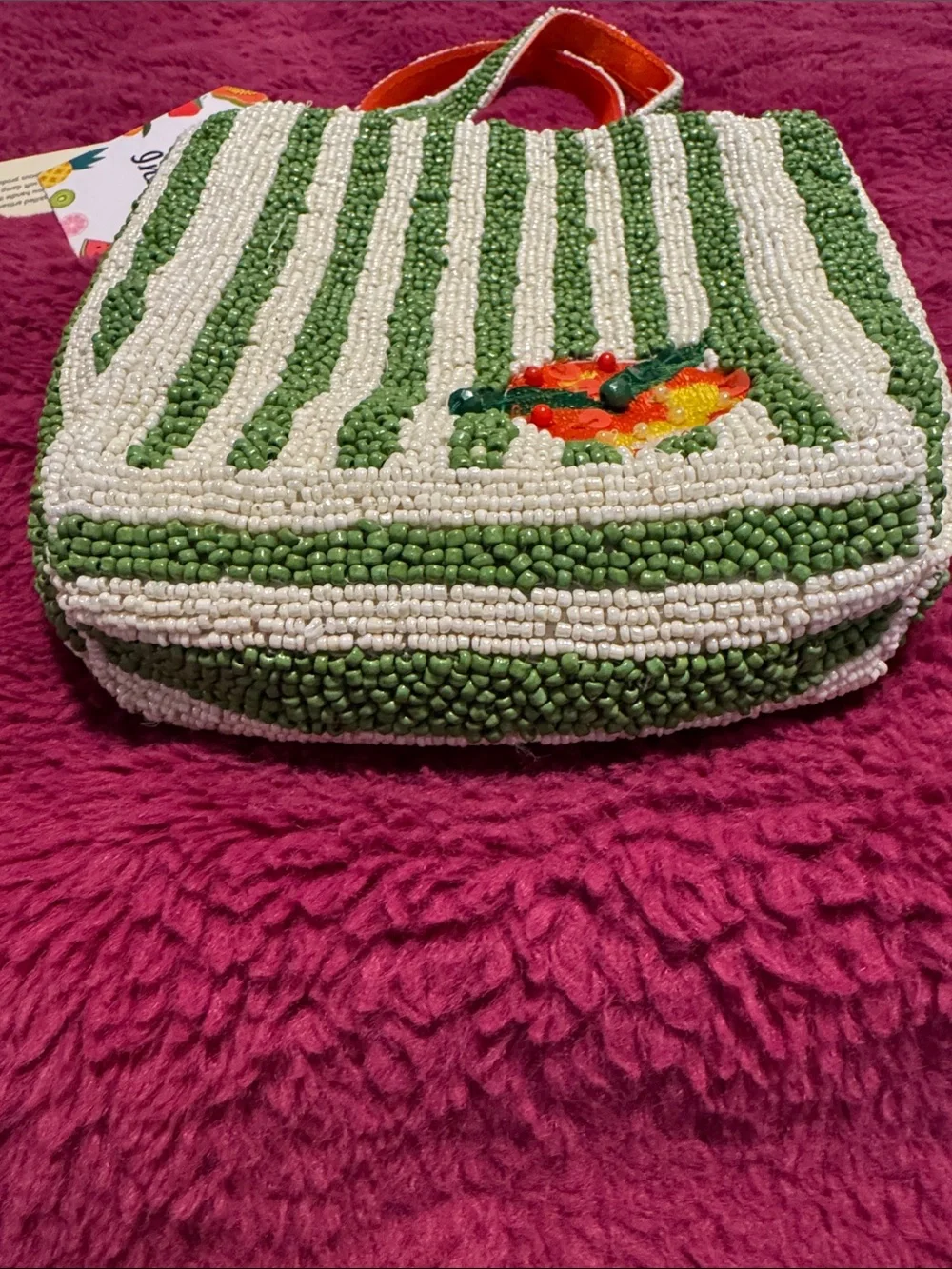 Hand Crafted Beaded Citrus Tote - Green, Cream & Orange